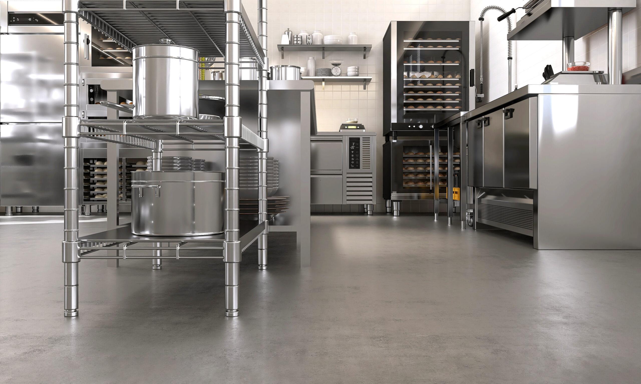 concrete floor commercial professional bakery kitchen stainless steel convection bread bun deck oven freezer refrigerator kneading machine cabinet ingredient table background 3d scaled